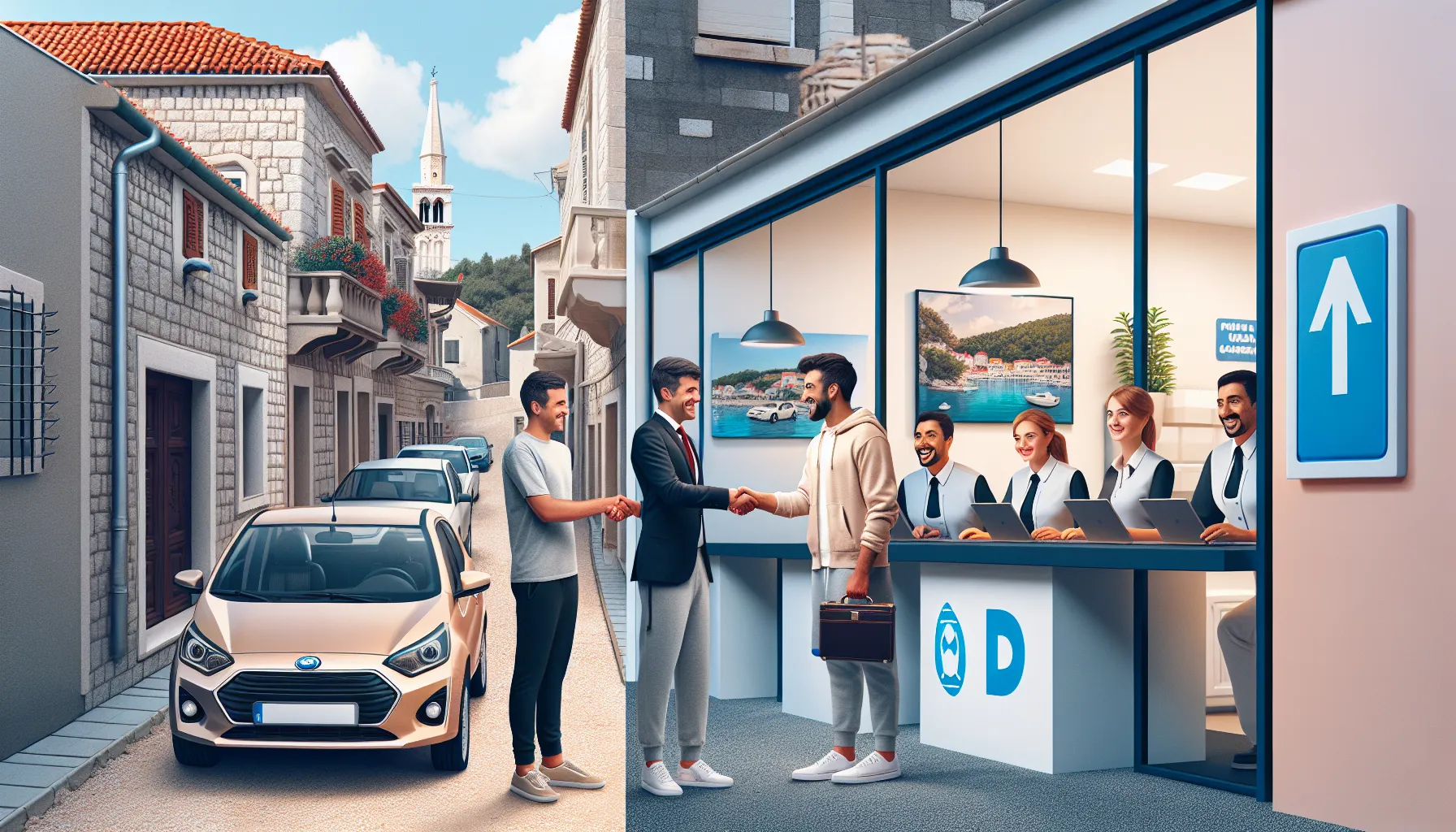 Split view of private car rental handshake and professional rental agency office