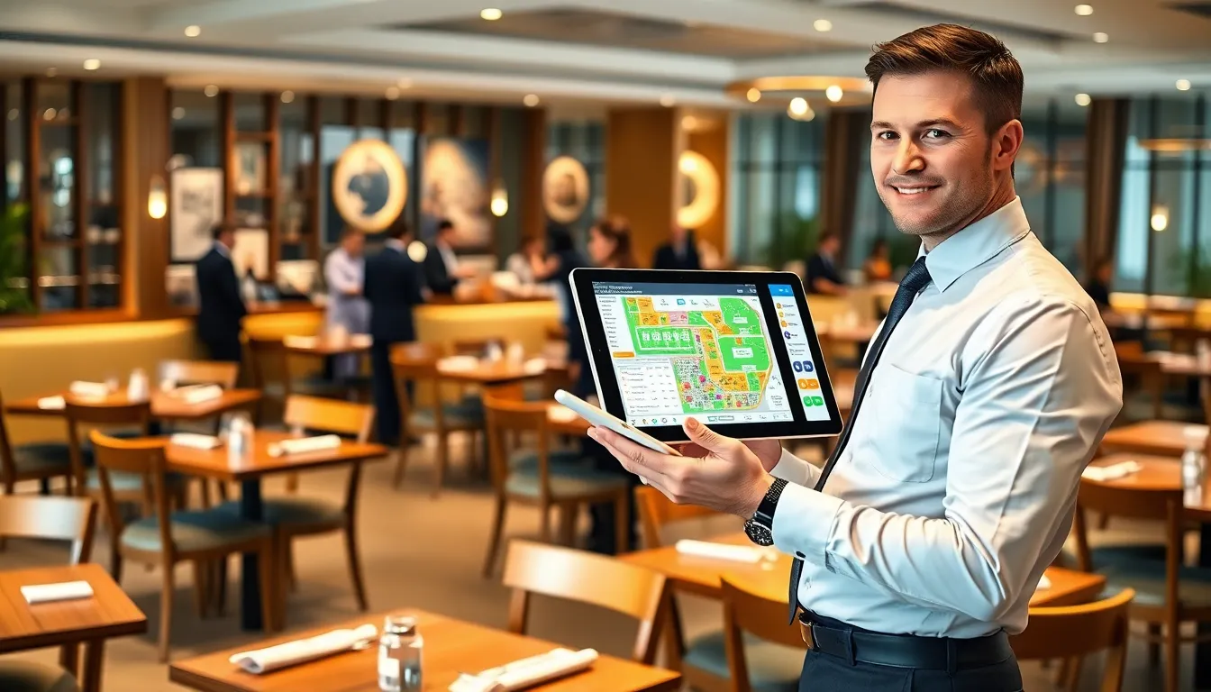 restaurant manager using table management software in a lively dining area.