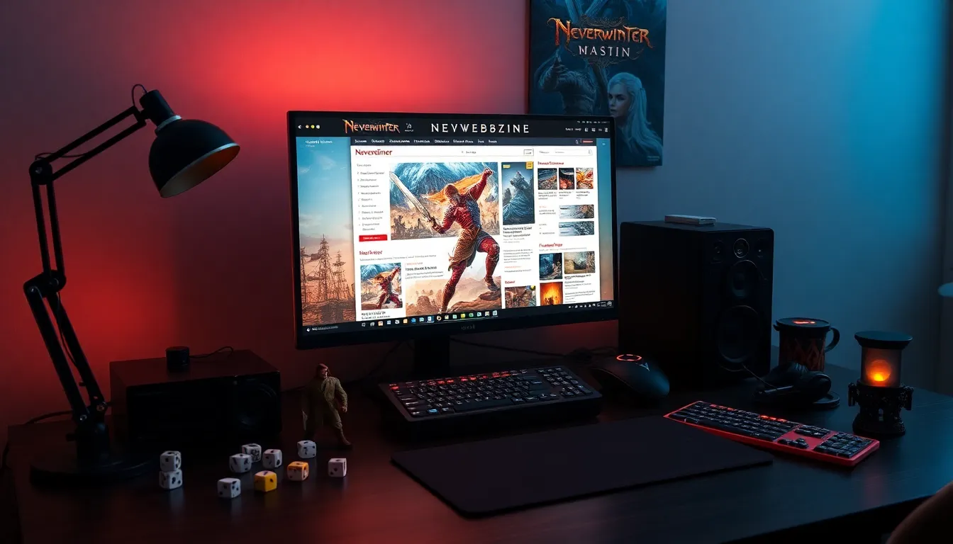 a vibrant digital workspace showcasing Neverwinter's Redwebzine on a computer screen.