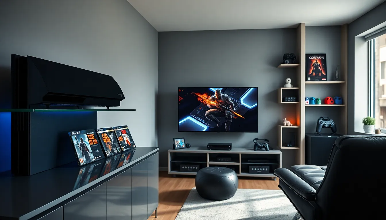 modern gaming room featuring a PS3 and new game titles.