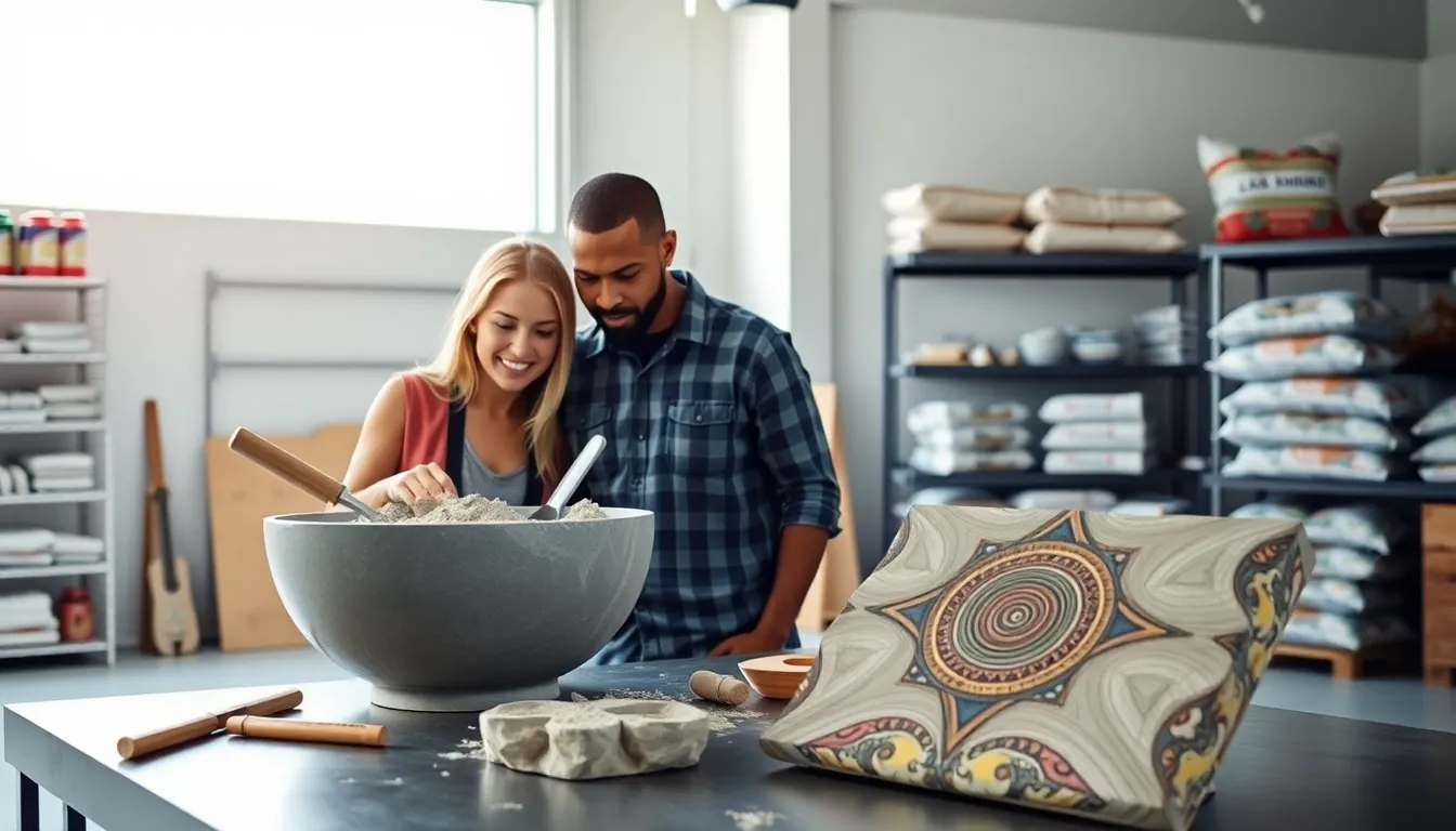 three professionals working on a concrete DIY project in a modern workshop.