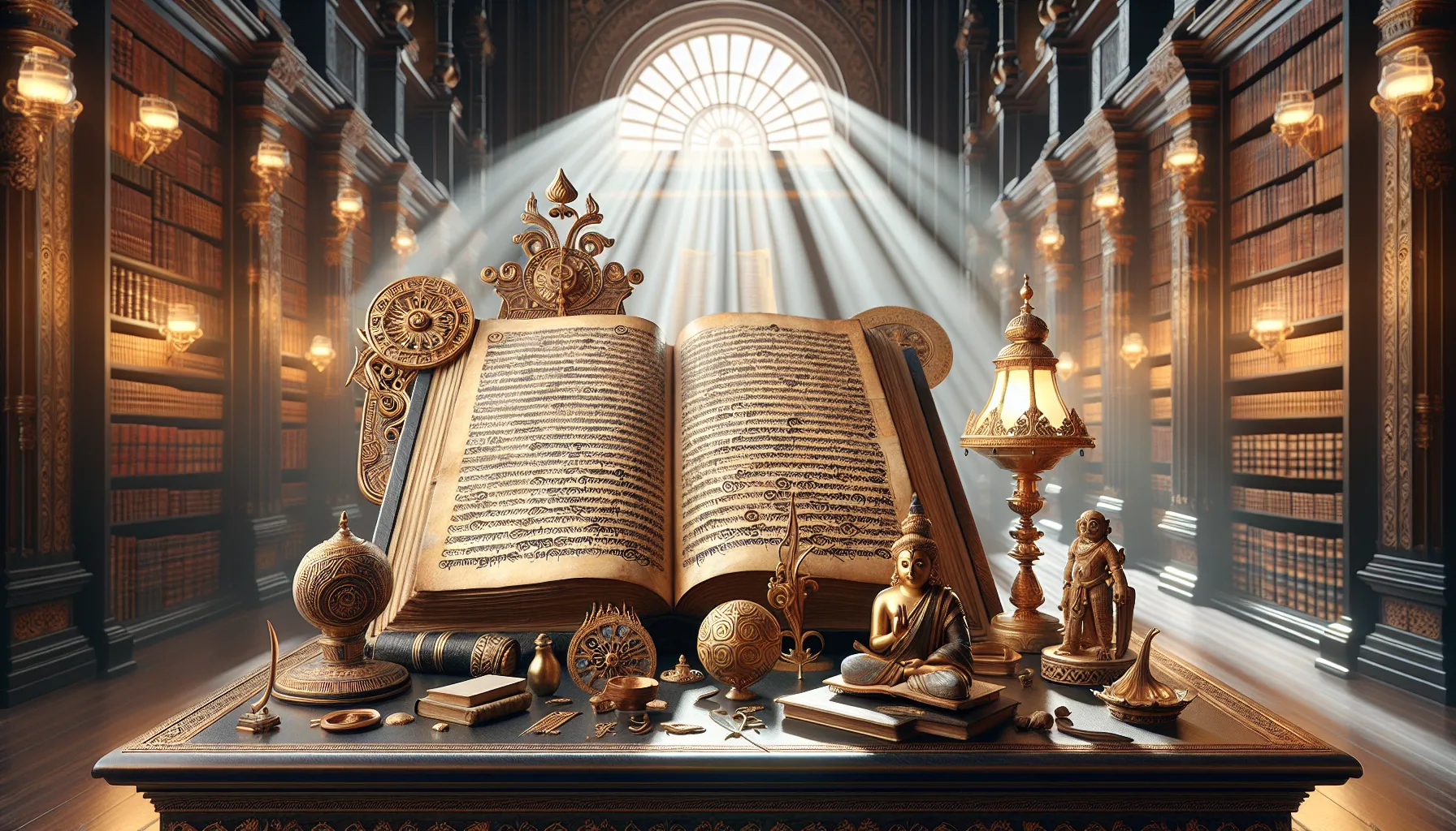 Ancient manuscript with Tamil and Sanskrit scripts on a carved desk in a serene library.
