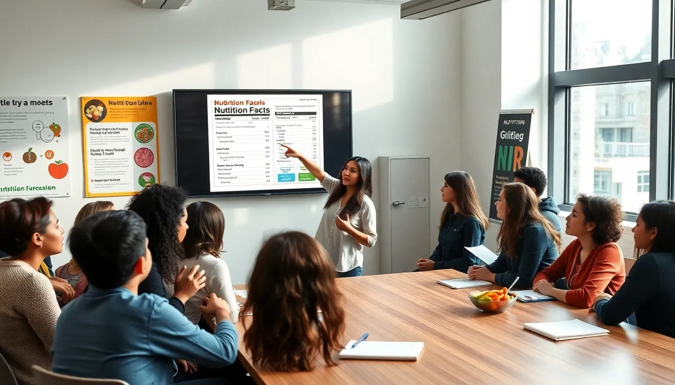 diverse students in a nutrition workshop reviewing a nutrition label worksheet.