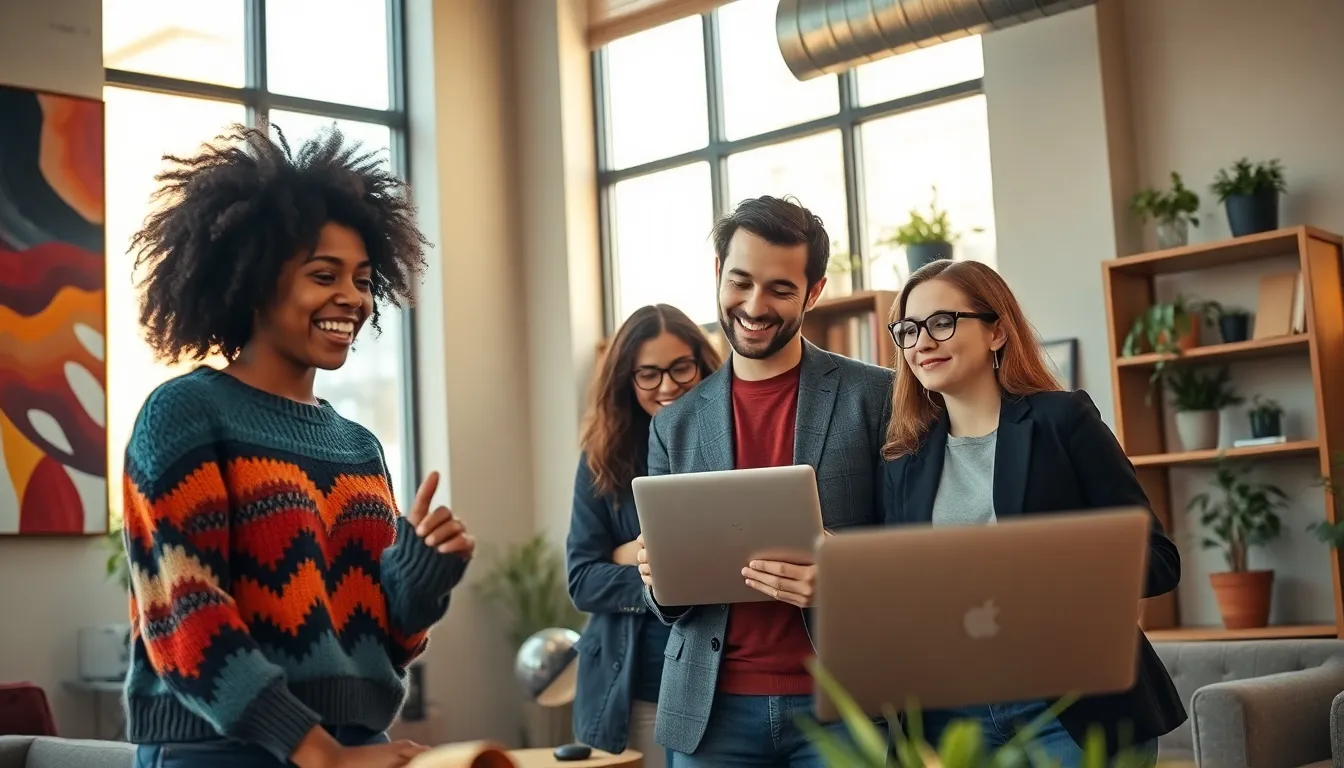 young adults collaborating in a bright co-working space.