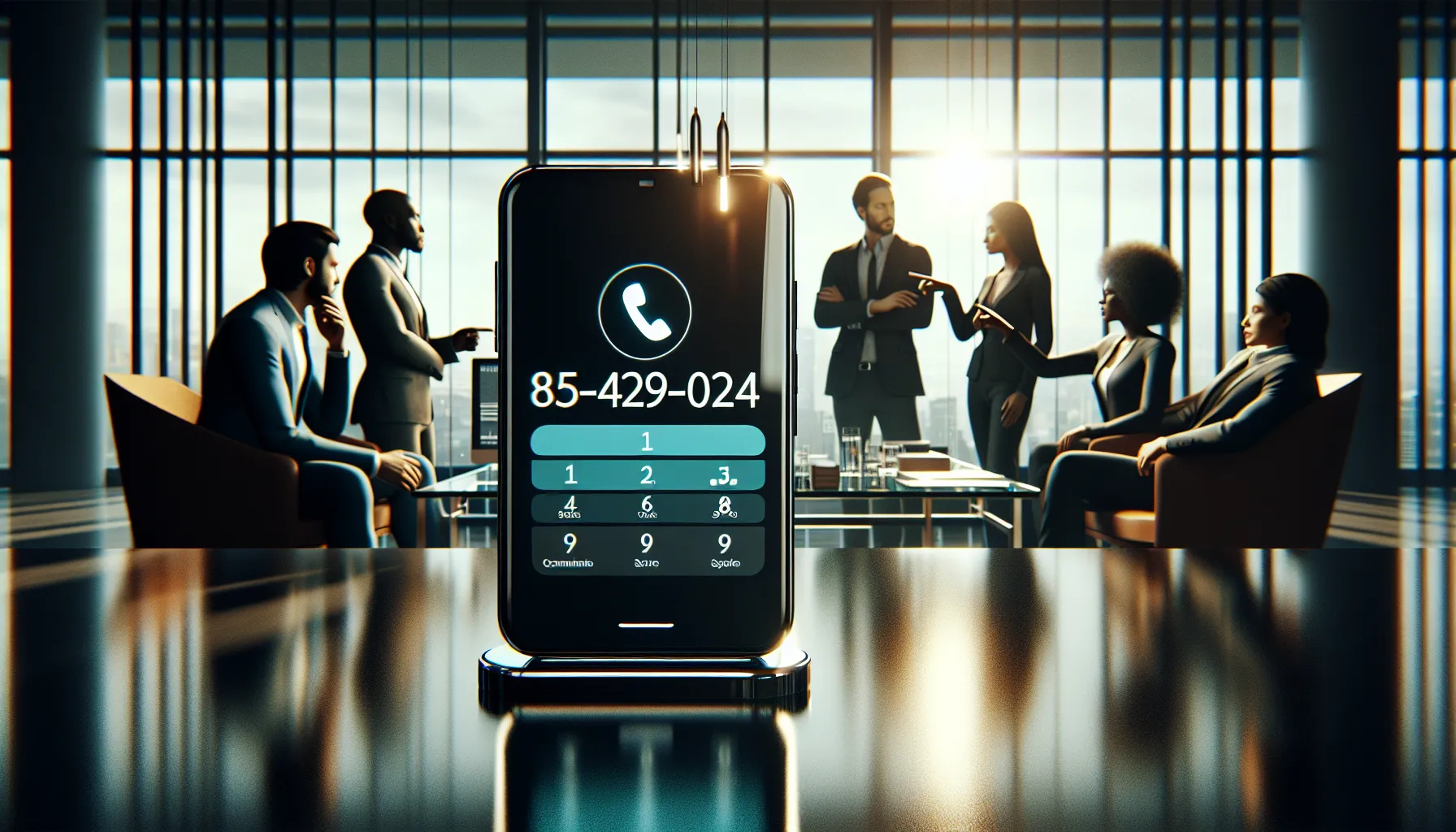 smartphone displaying toll-free number in a modern office setting.