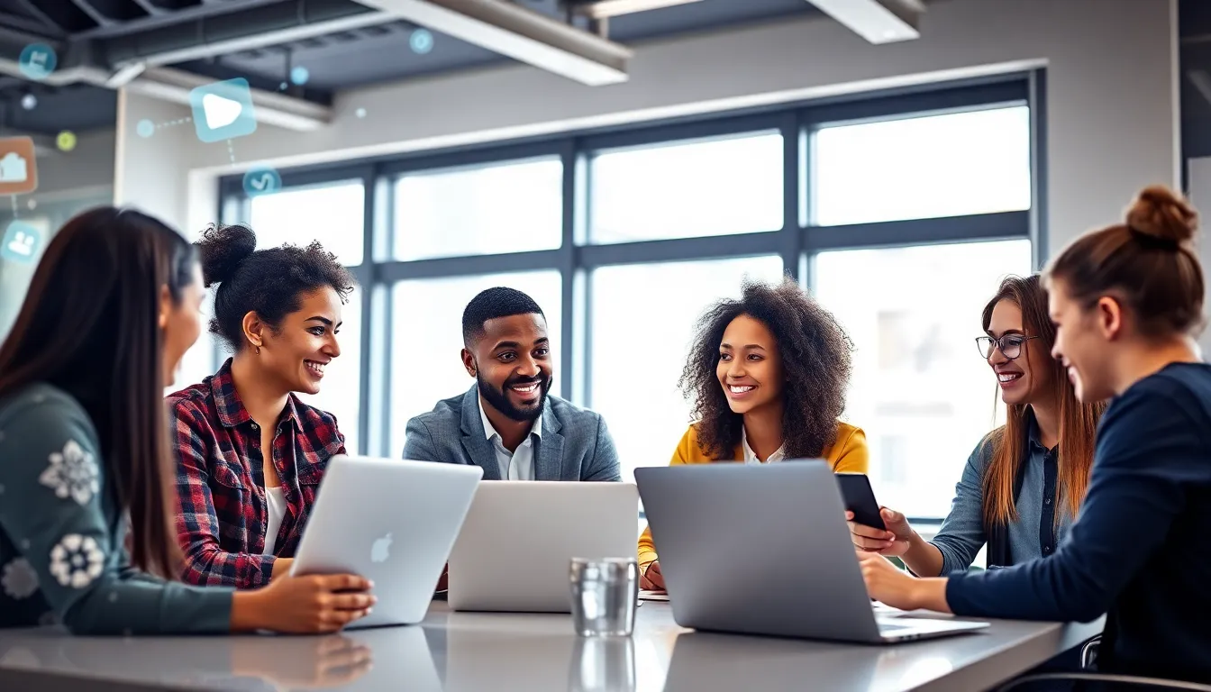 diverse team collaborating in a modern digital workspace.