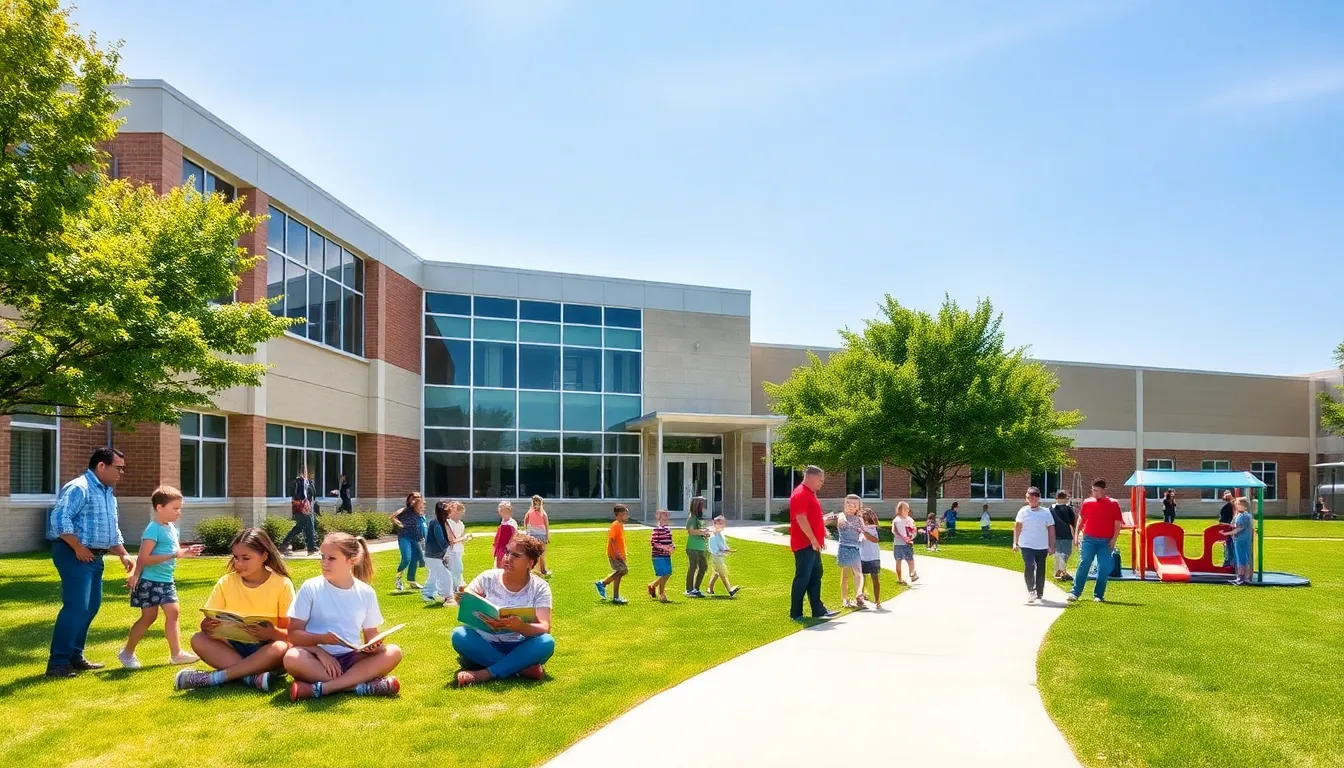 diverse students and educators outside Meadowlane Elementary School.