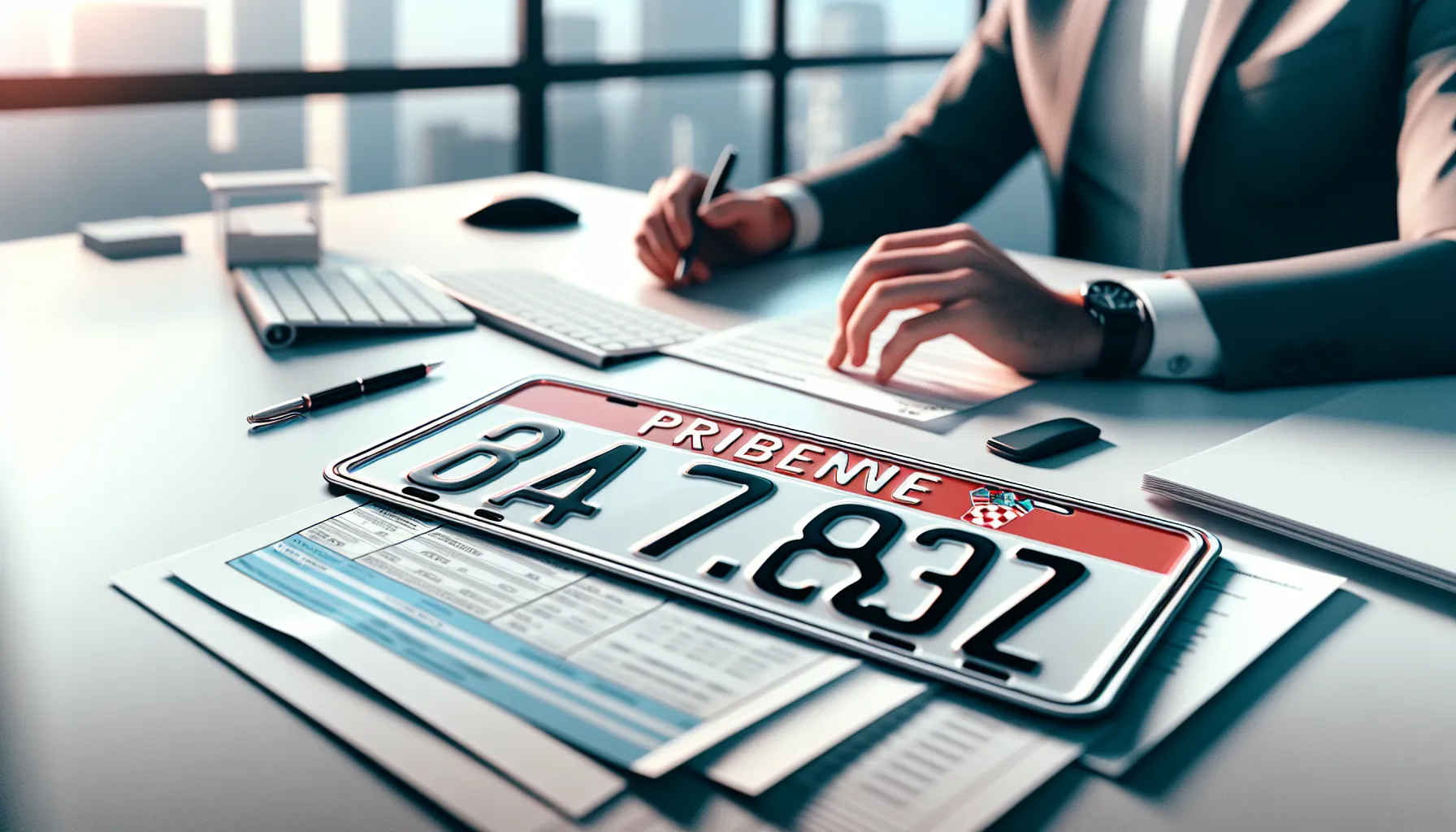 Croatian temporary license plates on desk with official automotive paperwork