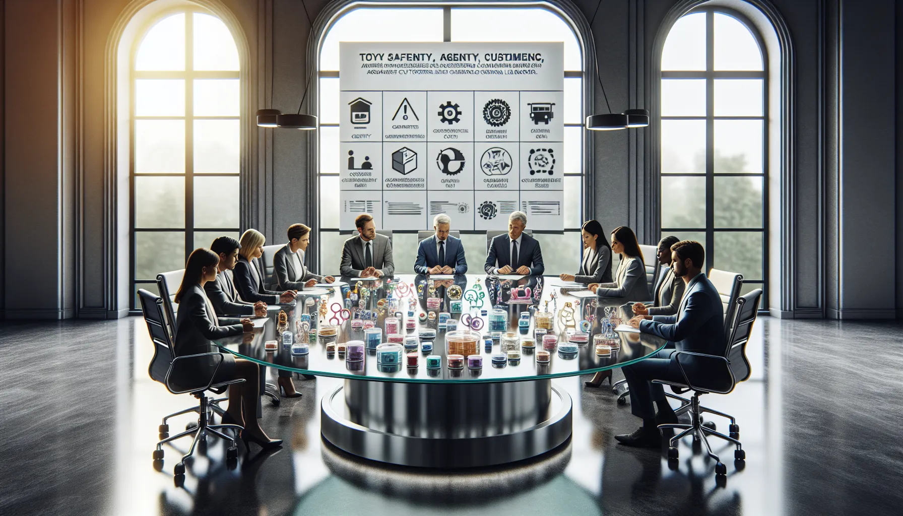 diverse team analyzing toy safety regulations in a modern office.