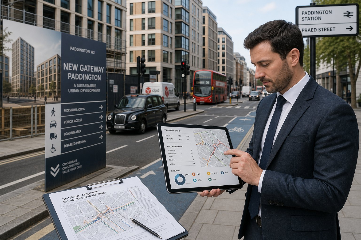 Traffic engineer assessing a busy Paddington site with roads, parking, and deliveries.