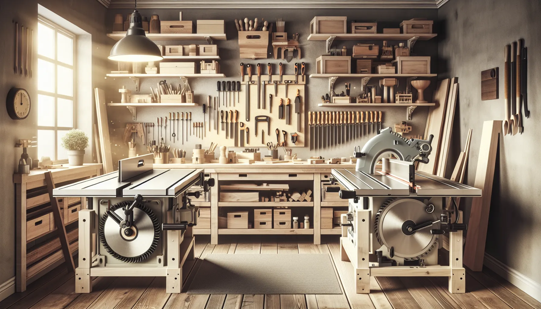 A workshop with a table saw and a radial arm saw displayed.