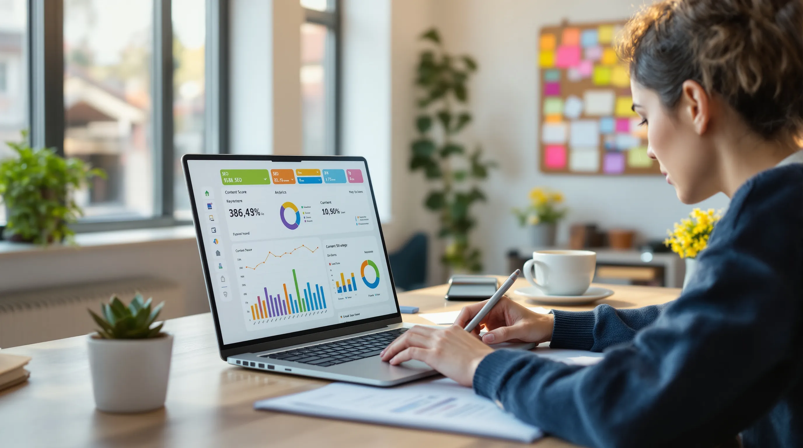 Croatian digital marketer optimizing content using Surfer SEO tool on laptop in modern office.