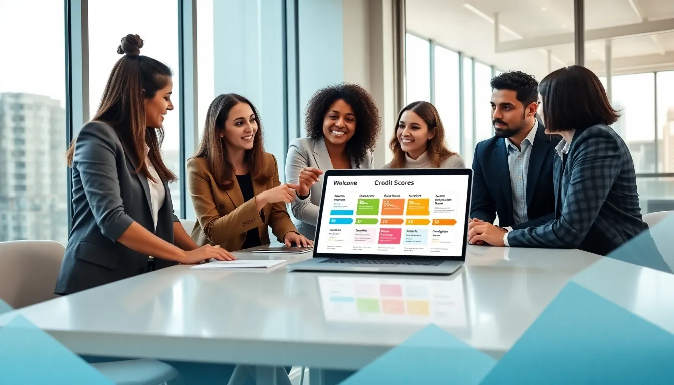 diverse team discussing credit scores in a modern office.