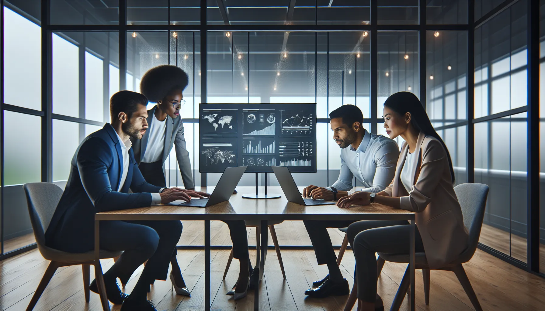 diverse team analyzing tech product comparisons in a modern office.