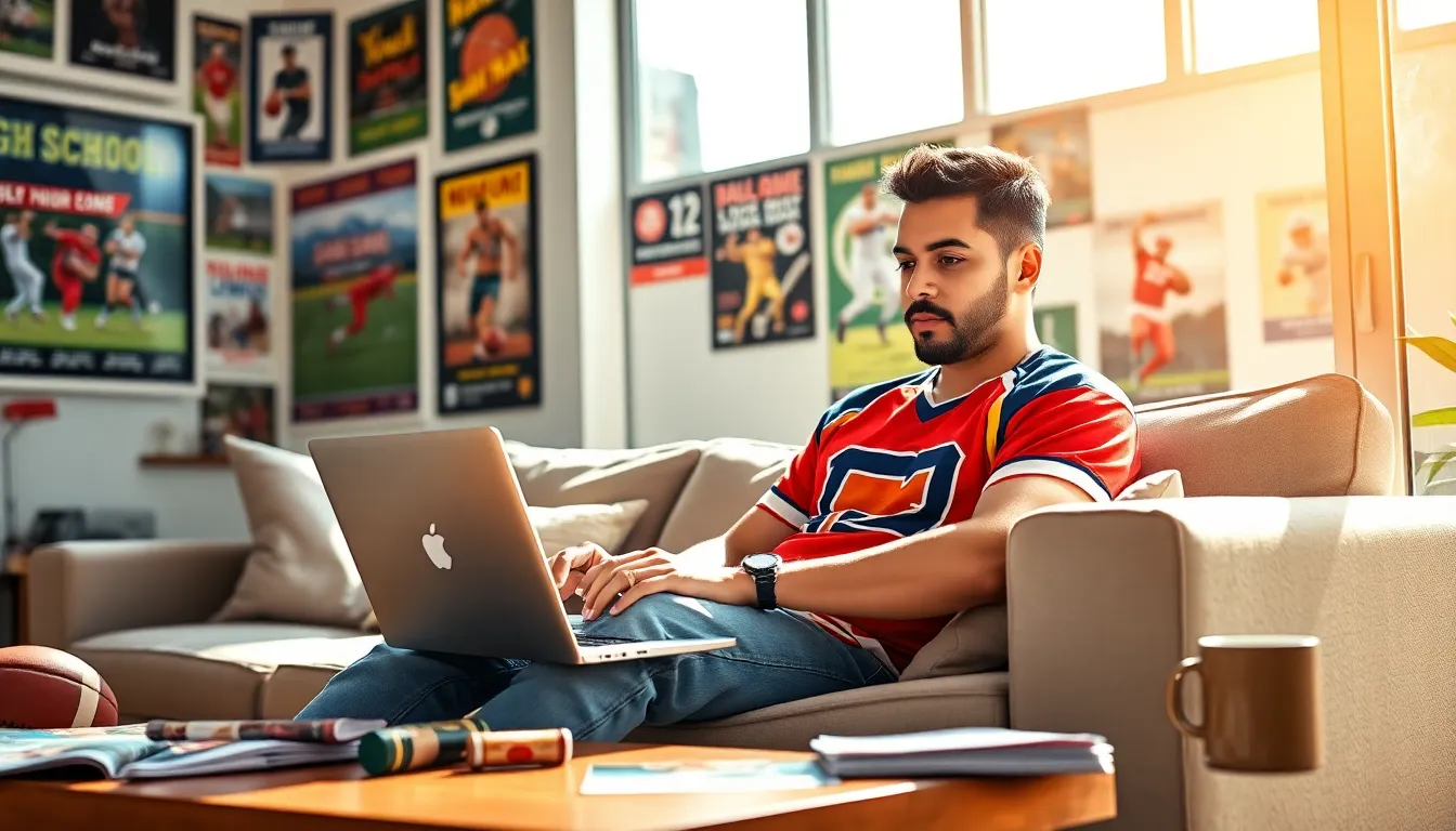 Jimmy Dominguez writing in a sports-themed living room.