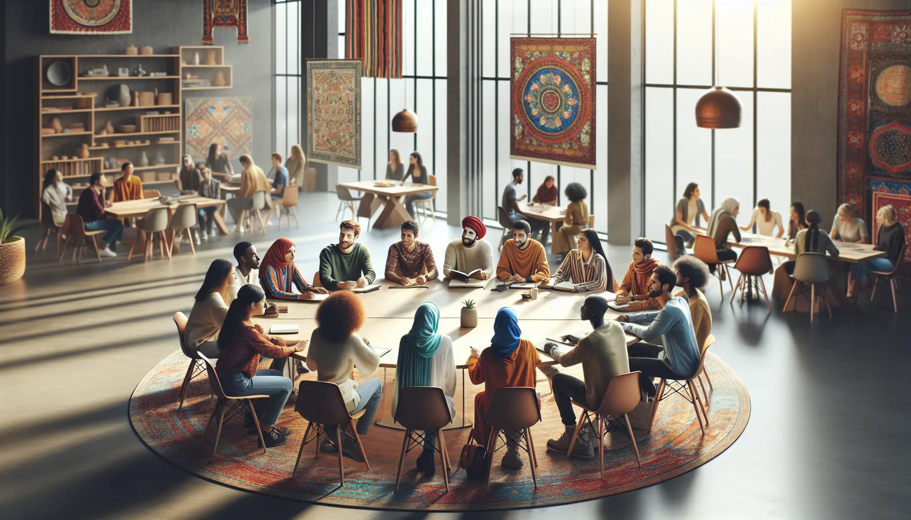 diverse individuals participating in a Rasnkada workshop in a community center.