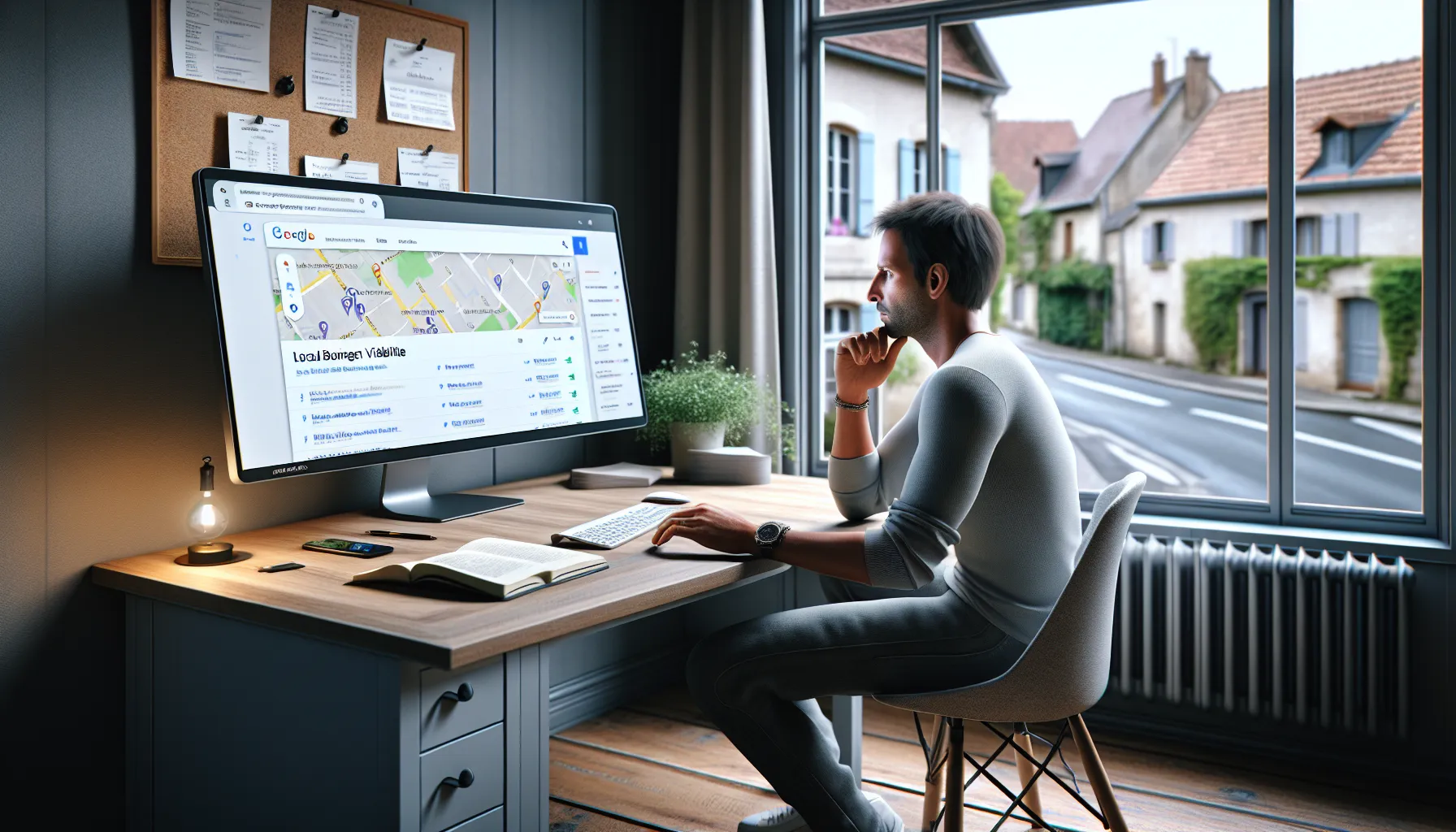 Local business owner in Pontcarré analyzing Google search results and map listings.