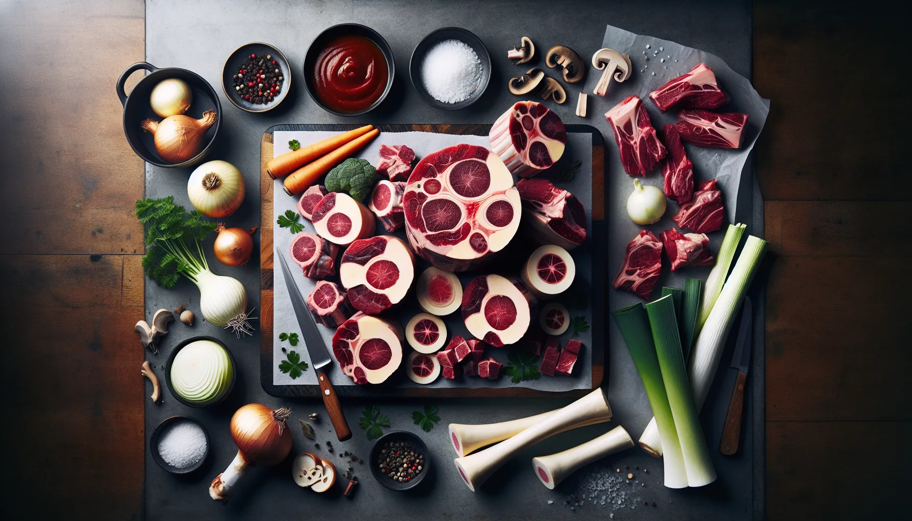Fresh oxtail and bones with vegetables on a scandinavian kitchen counter.