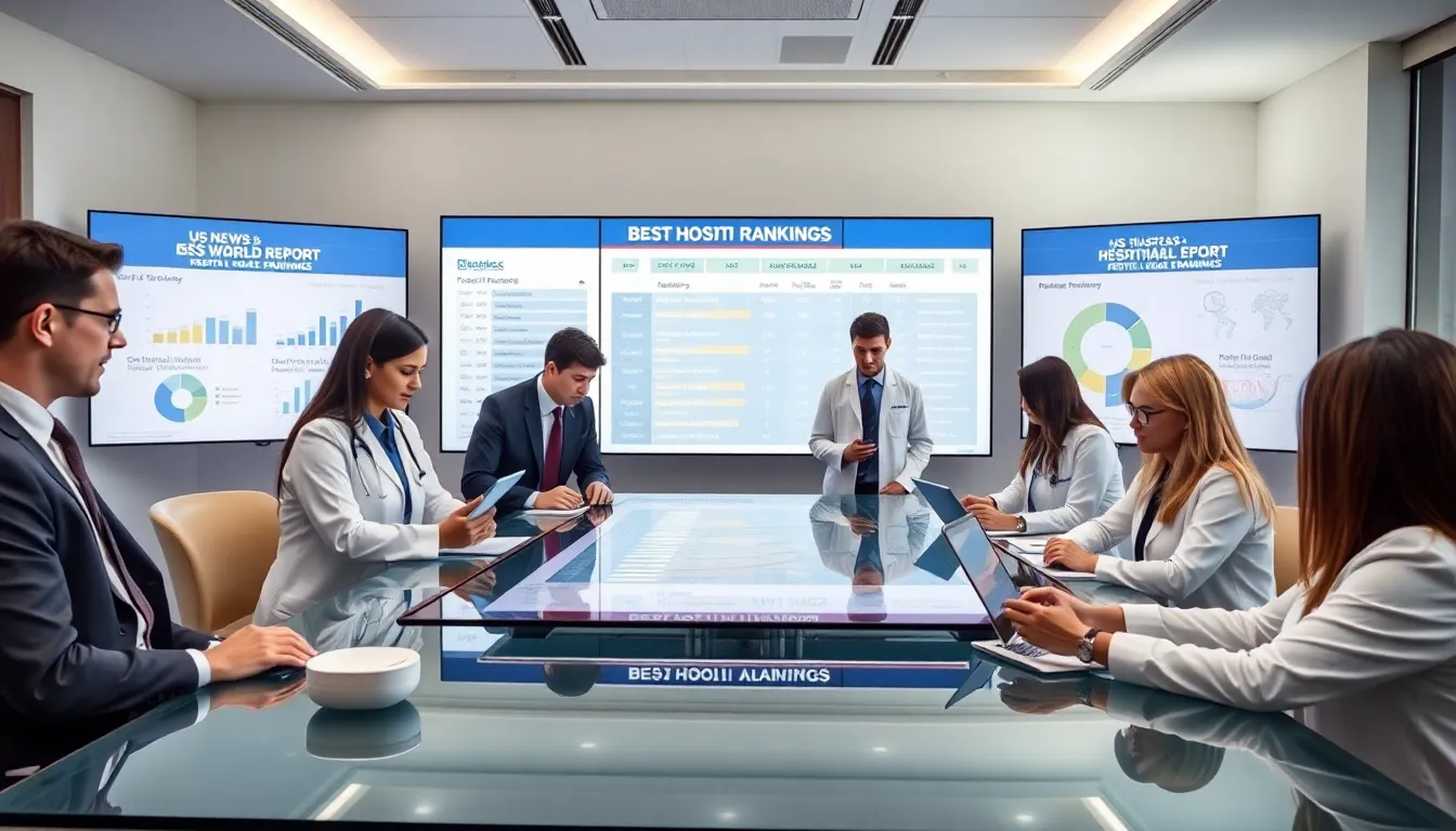healthcare professionals discussing hospital rankings in a modern conference room.