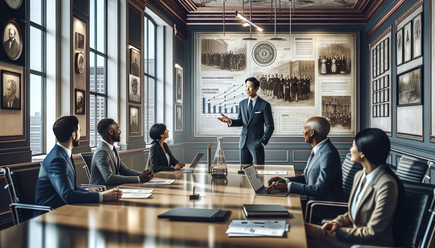 professionals collaborating in a modern office about historical events.