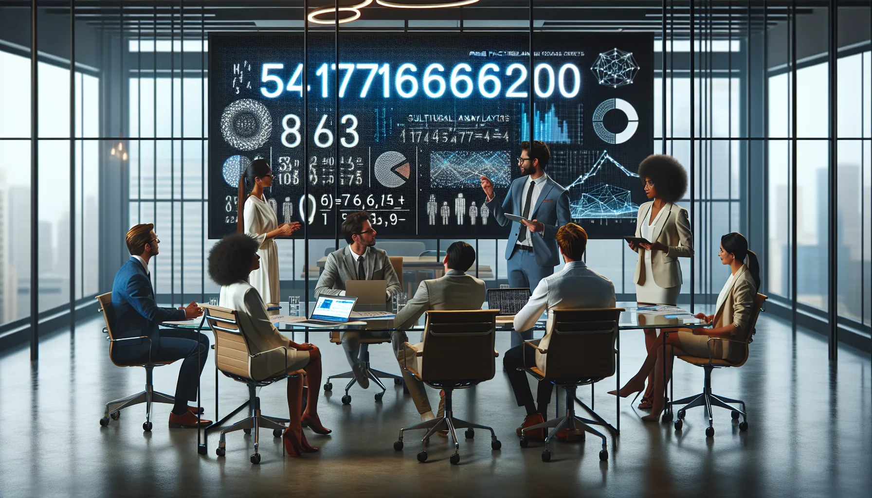 diverse professionals discussing the number 5417666200 in a modern office.