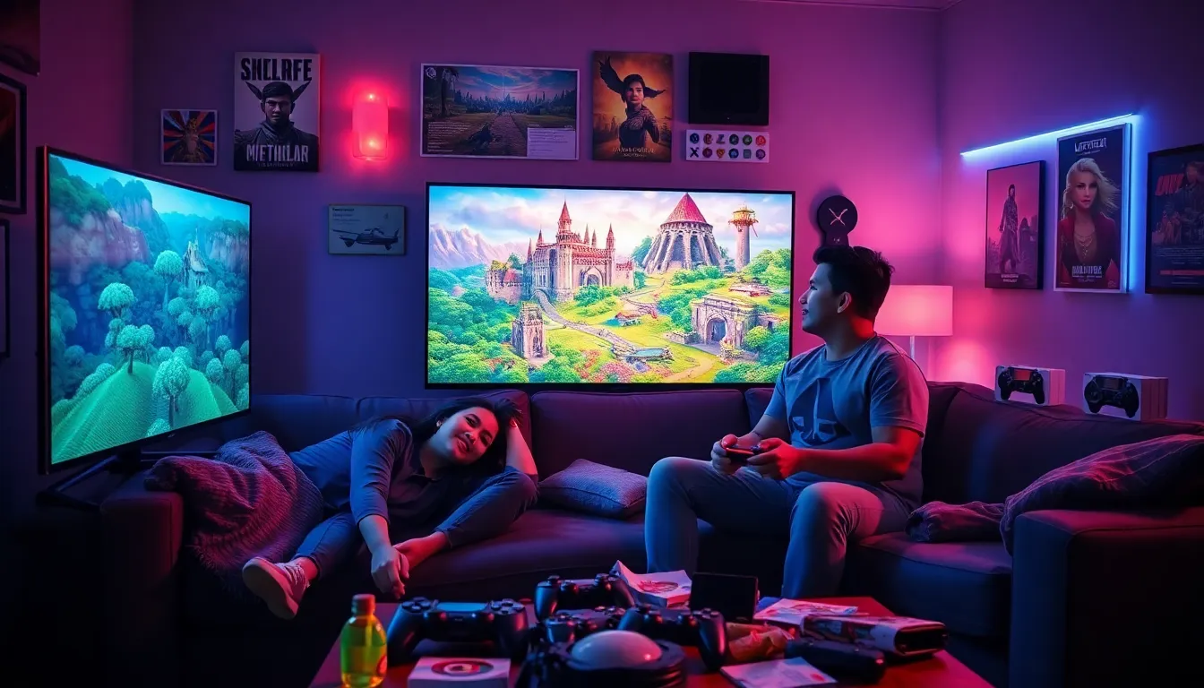 two gamers enjoying a PlayStation game in a cozy living room.