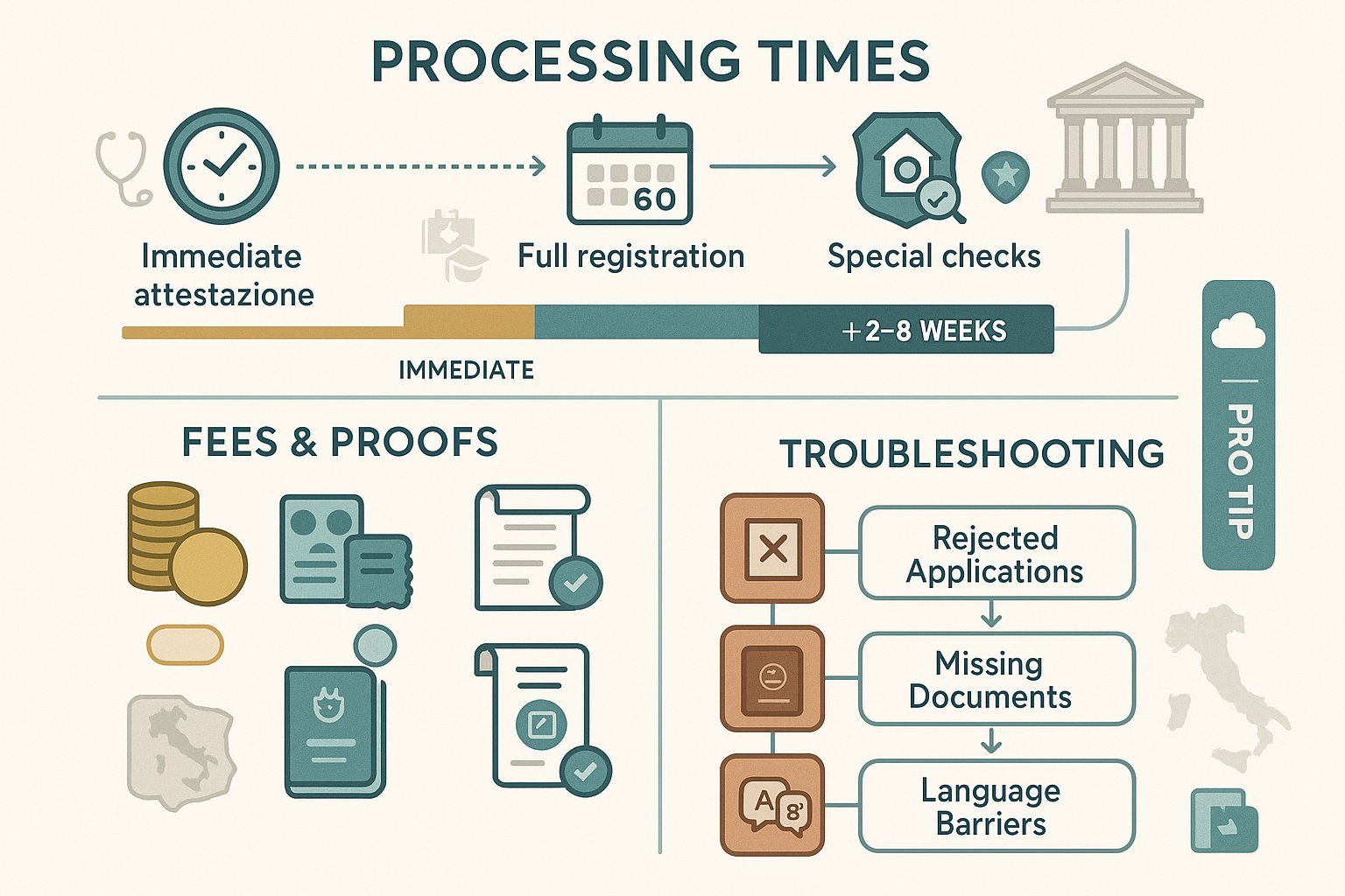Infografica che mostra cronologia di registrazione, tariffe, prove, e passaggi di risoluzione problemi.
