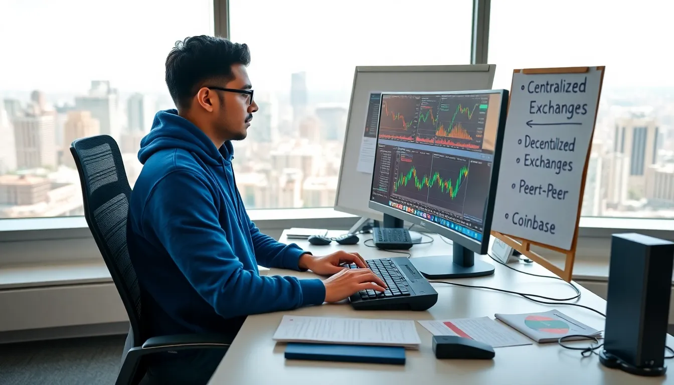 A man trading cryptocurrency on multiple screens in a modern office.