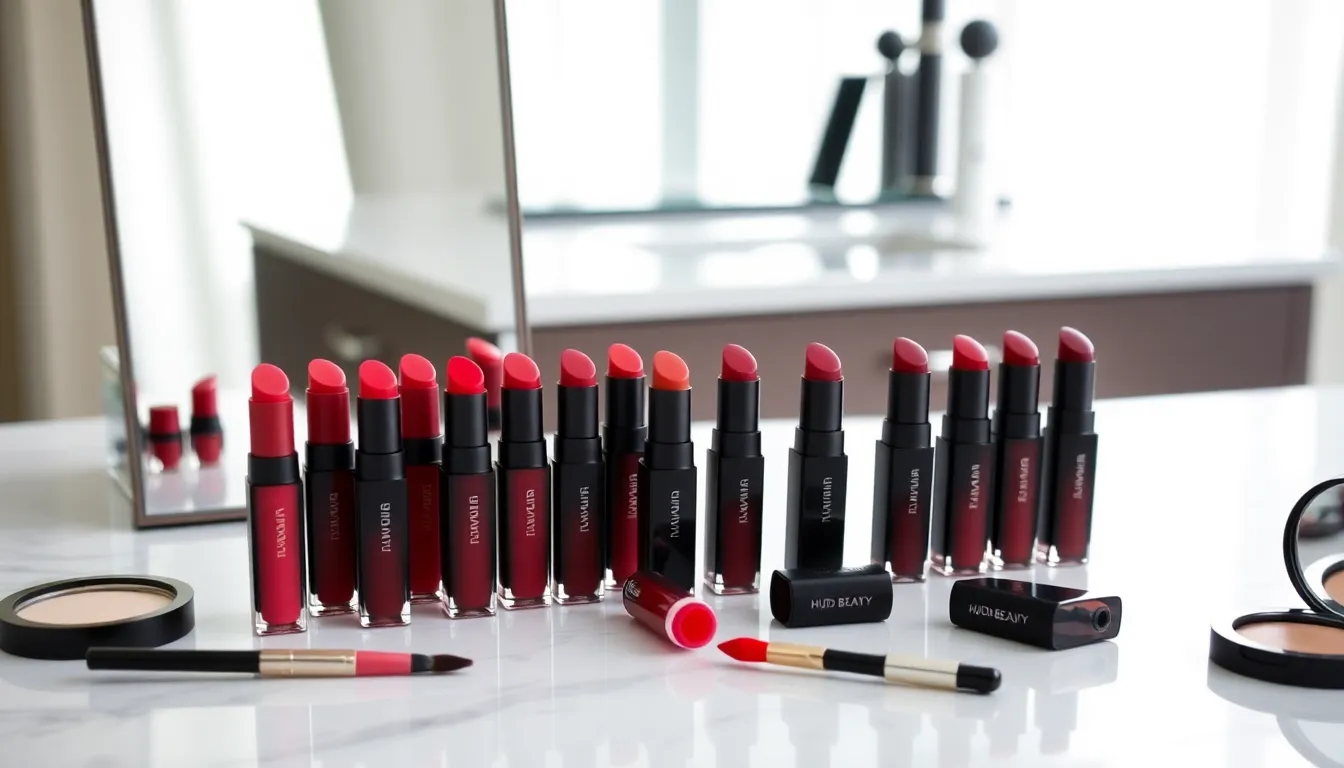 Huda Beauty Liquid Matte lipsticks displayed on a stylish marble surface.