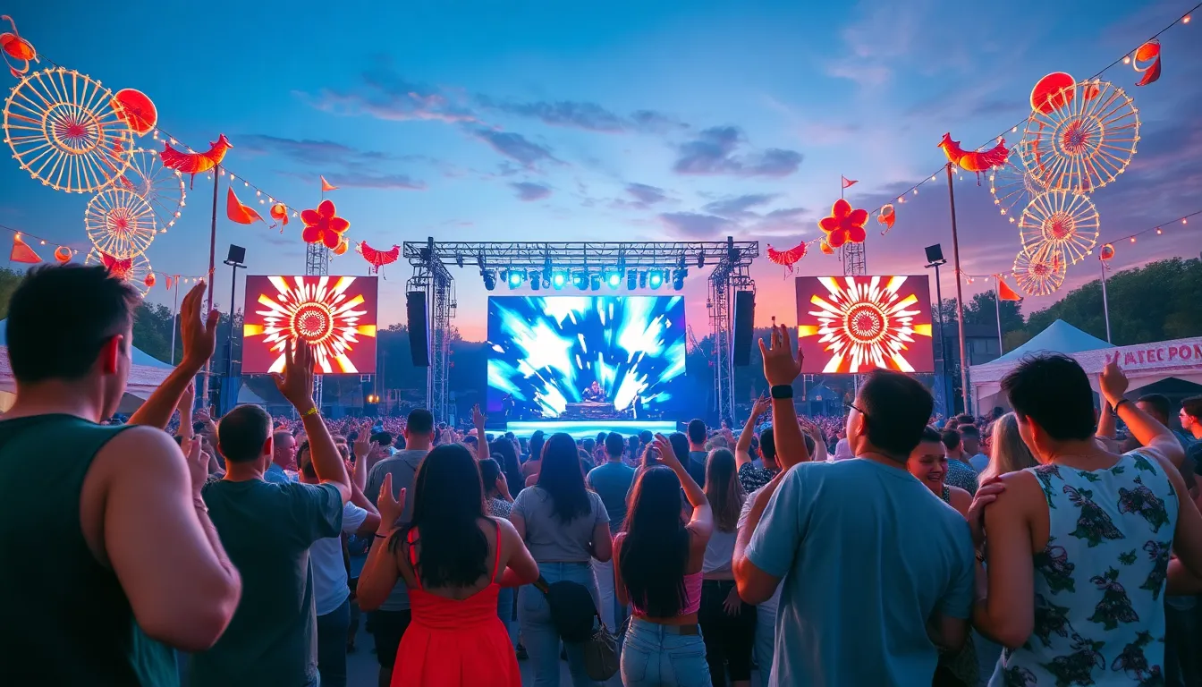 diverse crowd dancing at a lively outdoor music festival.