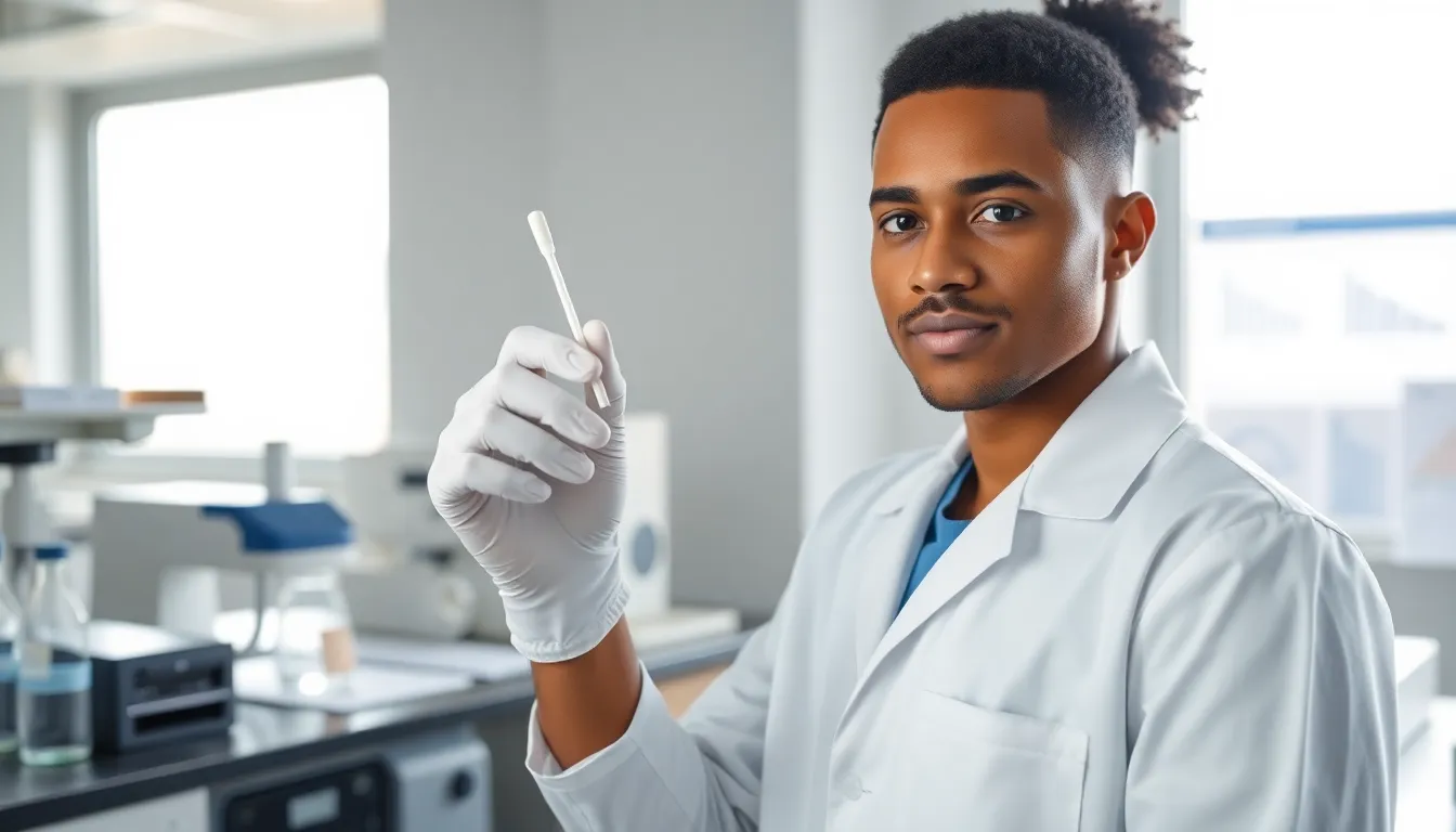 healthcare professional demonstrating a viral culture swab in a modern lab.