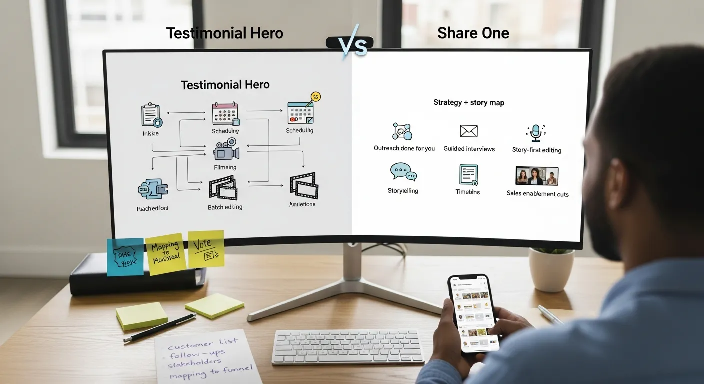 Marketer compares complex testimonial workflow with a cleaner, story-first Share One process.