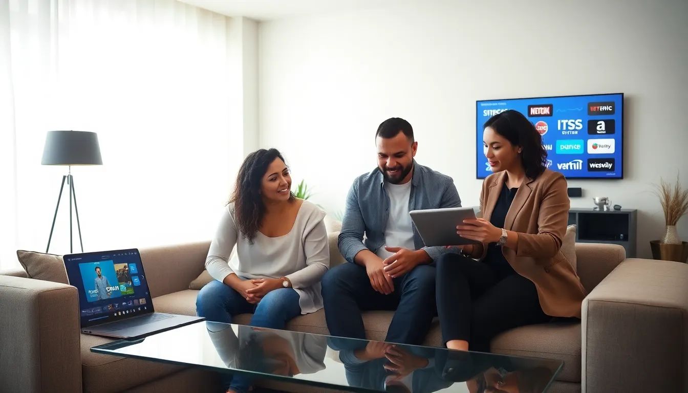 professionals discussing streaming TV services in a modern living room.
