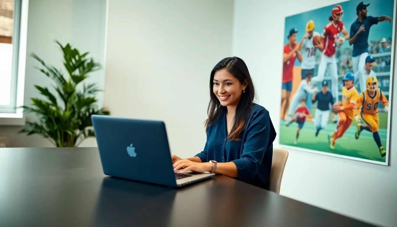 a young woman working at a modern office desk representing a contact us page.