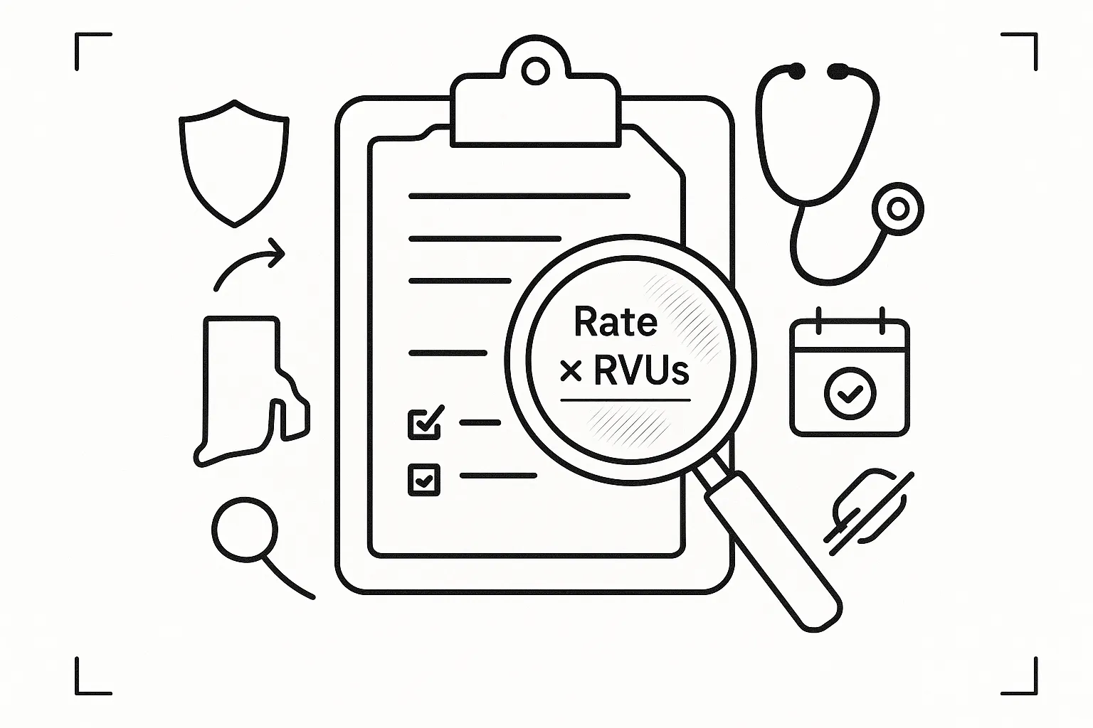 Clipboard shaped like Rhode Island with contract, magnifying glass, and icons.