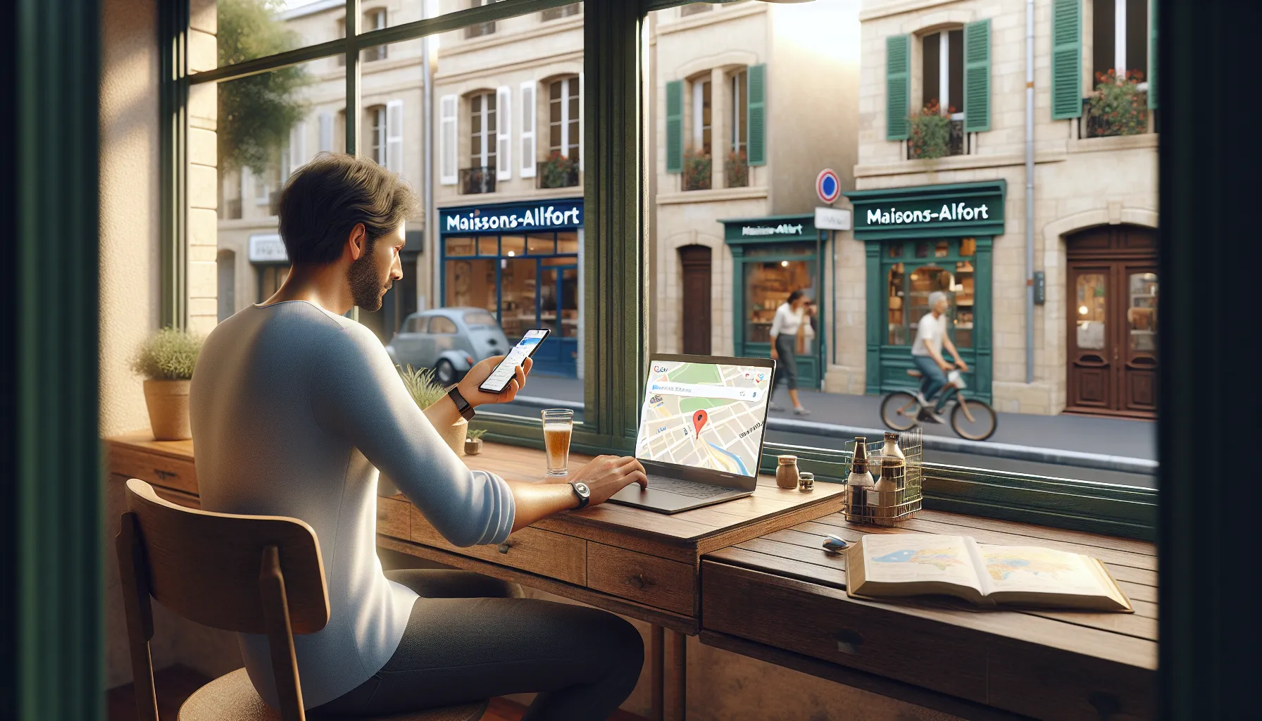 Local shop owner in Maisons-Alfort checking strong Google visibility on a laptop.