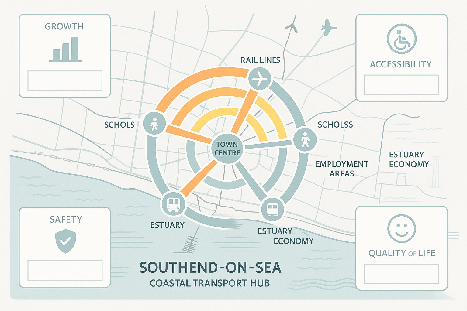 Infographic showing Southend-on-Sea transport network, travel demand patterns, and planning priorities.