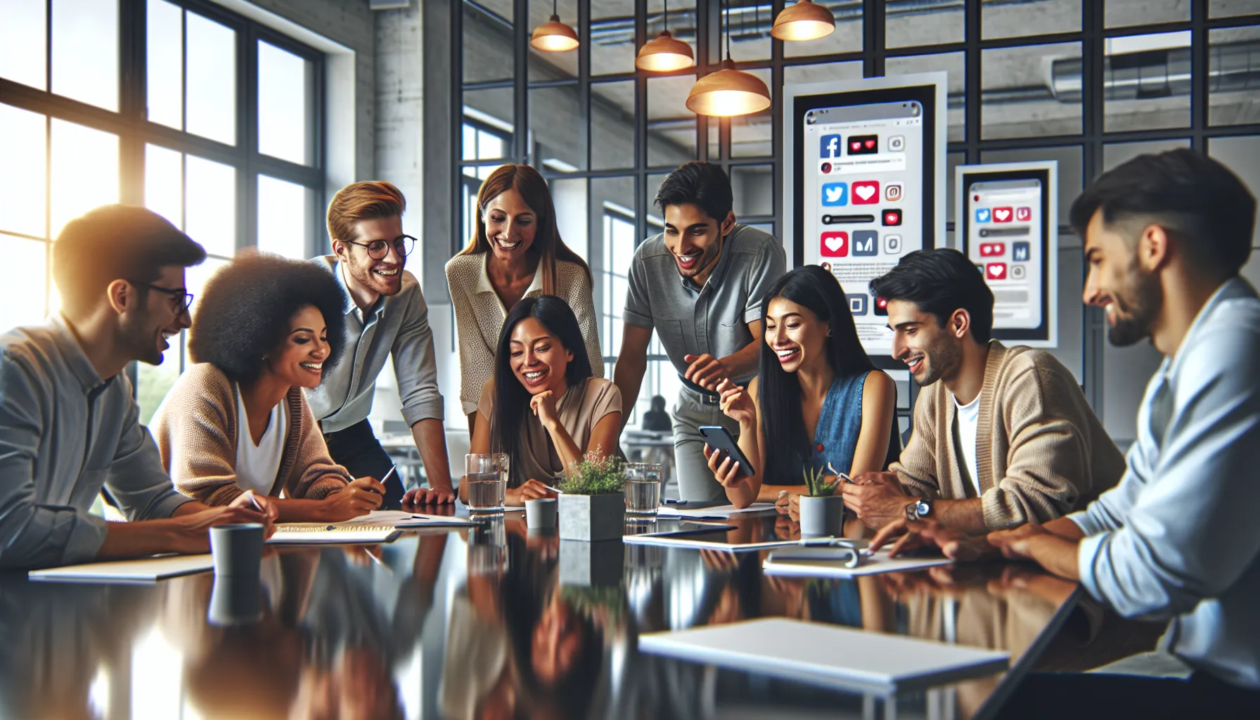 diverse team discussing social media trends in an office setting