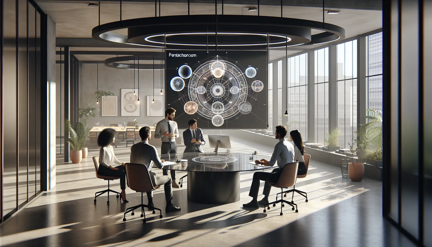 diverse professionals discussing pentachronism in a modern office setting.