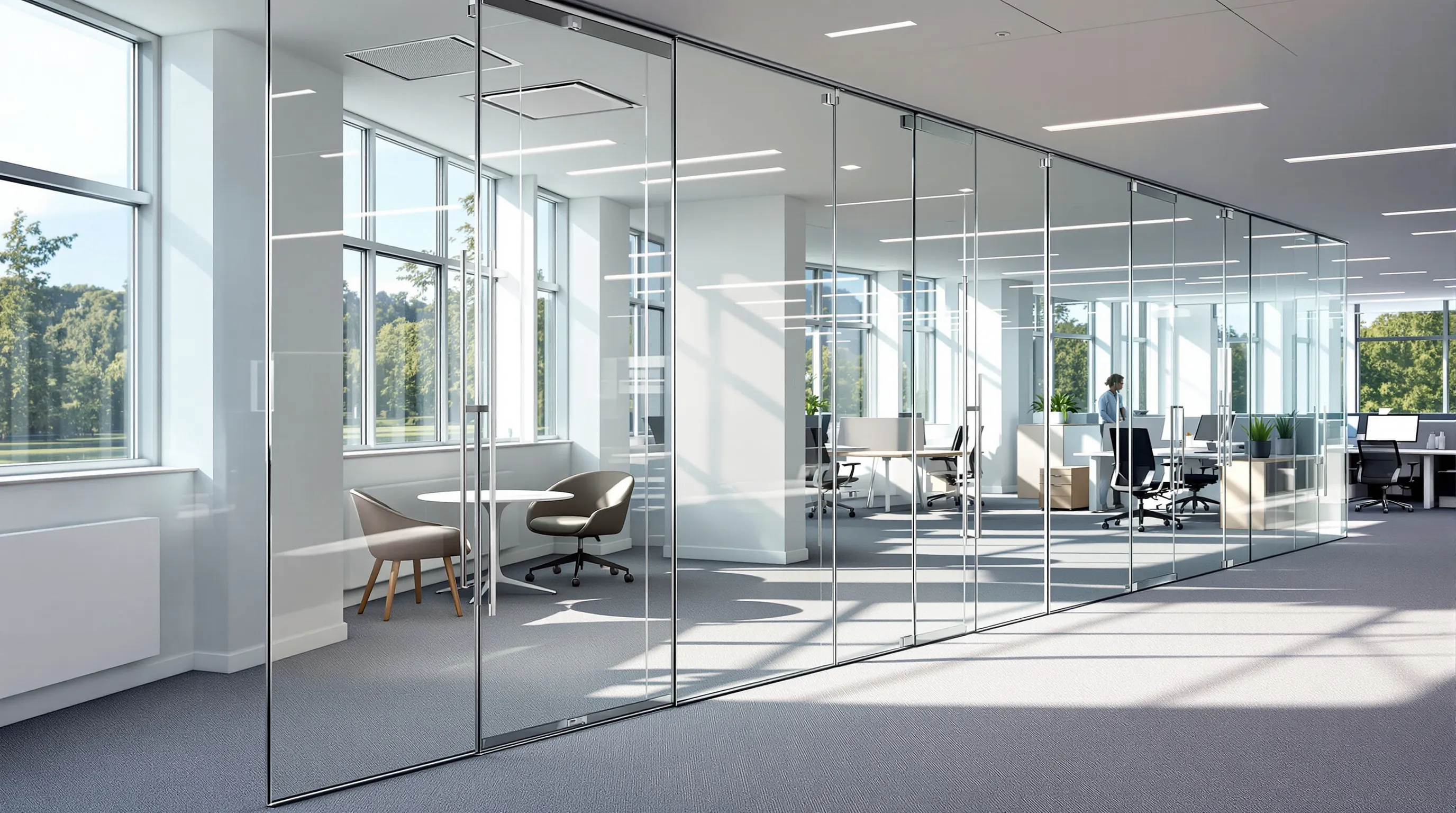 Frameless glass partition dividing a bright modern UK office workspace with natural light.
