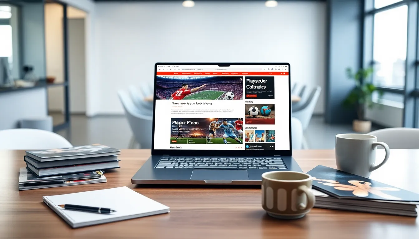 modern desk with a laptop displaying sports news emails.