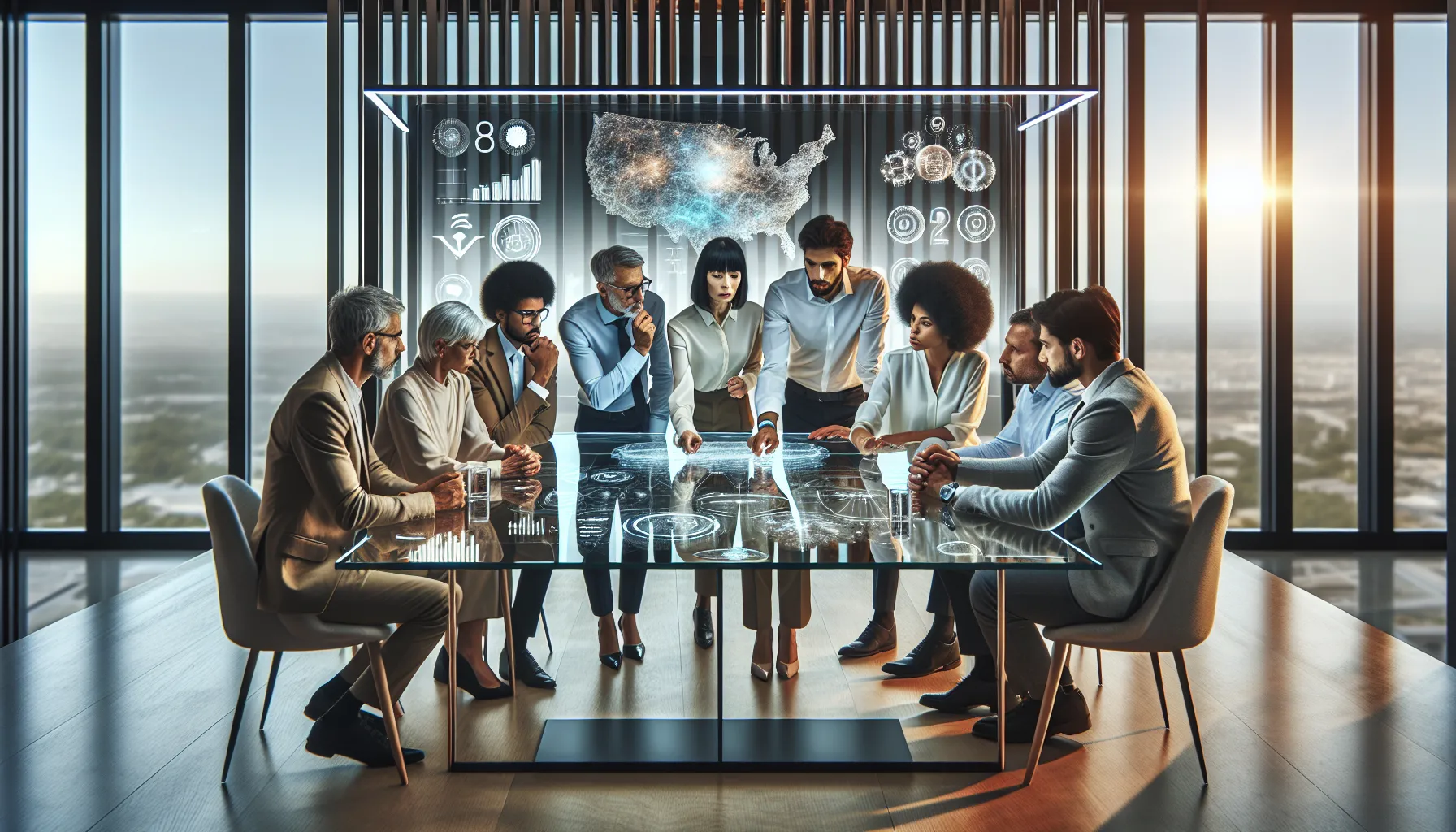 diverse team discussing numerical data in a modern office.