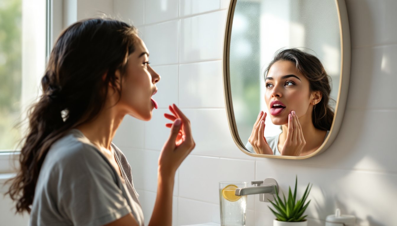 Woman examining her tongue in a bathroom mirror during morning routine.