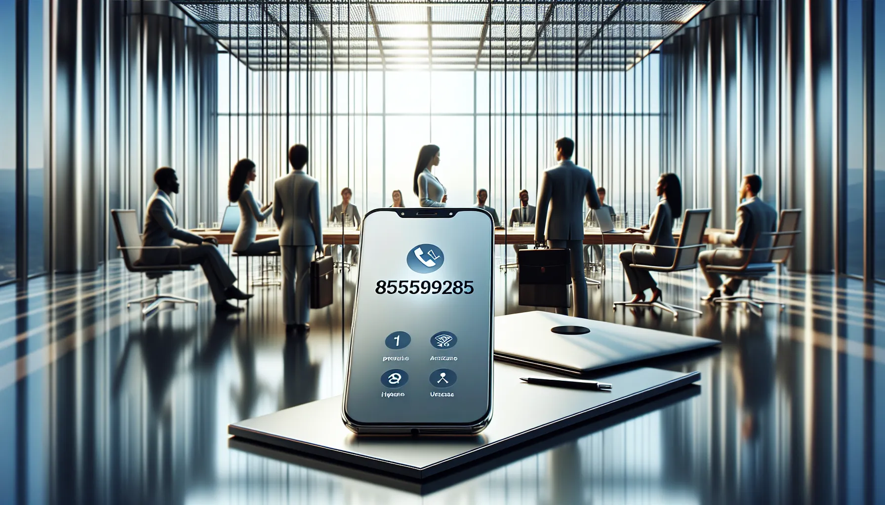 smartphone displaying the number 8555592285 in a modern office setting.