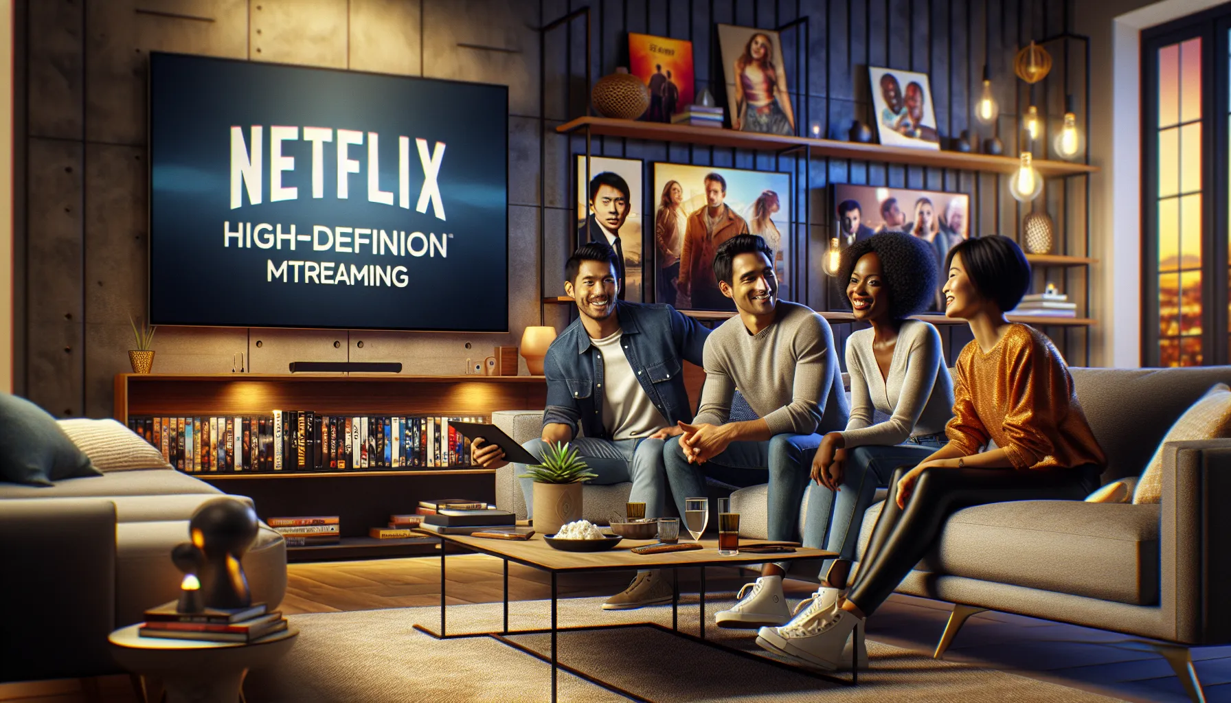 friends enjoying a movie in a cozy living room setup.