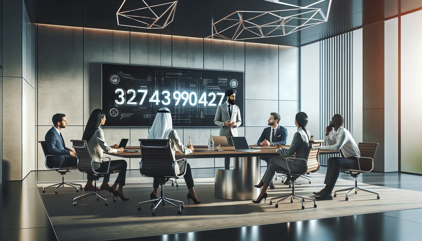 professionals discussing technology in a modern office setting.