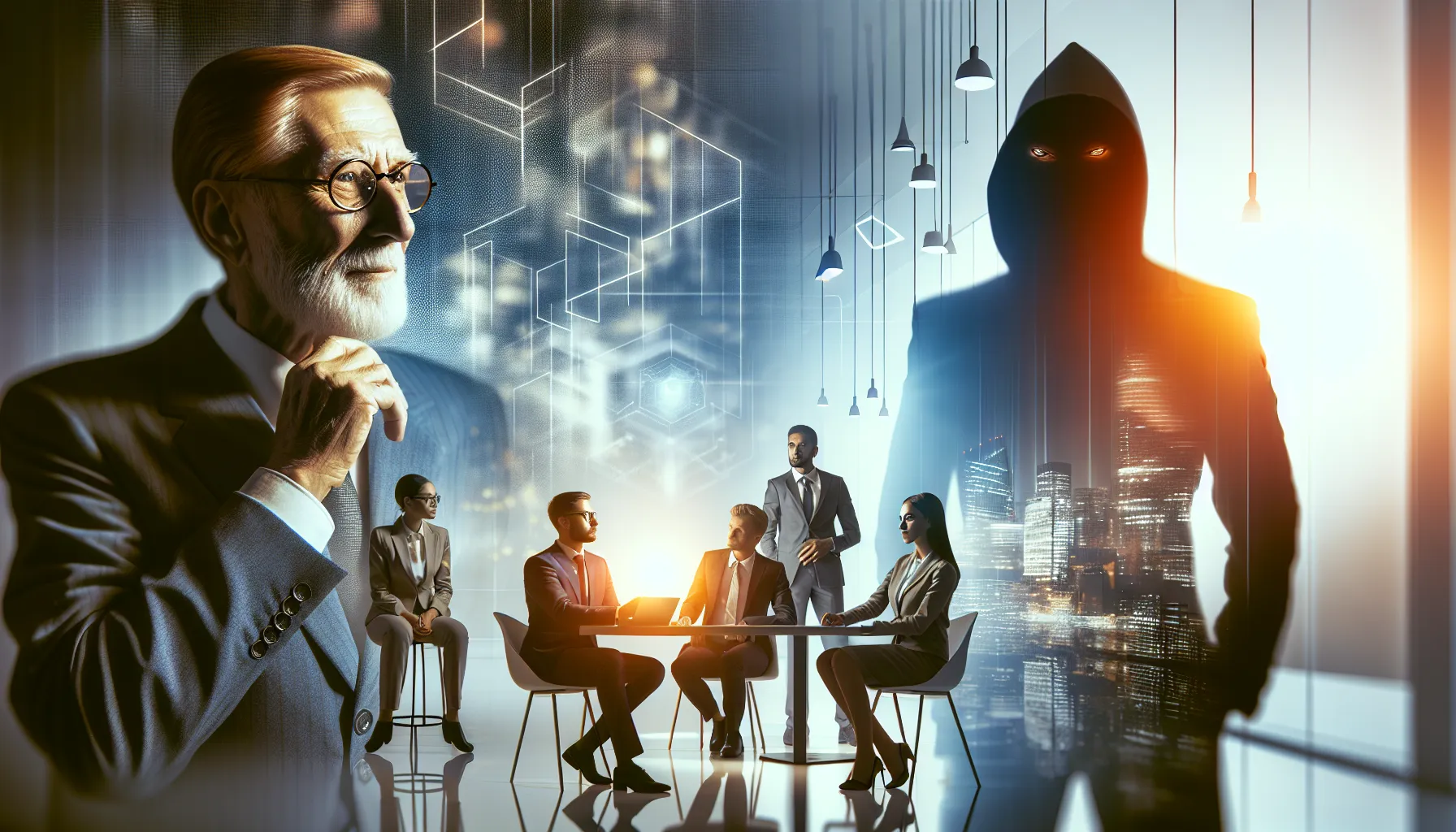 Mikhail Gorbachev in a modern office with contrasting shadows of Joseph Goebbels.