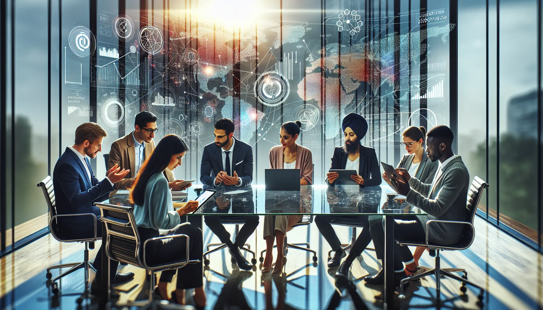 diverse professionals collaborating on finance and technology data.