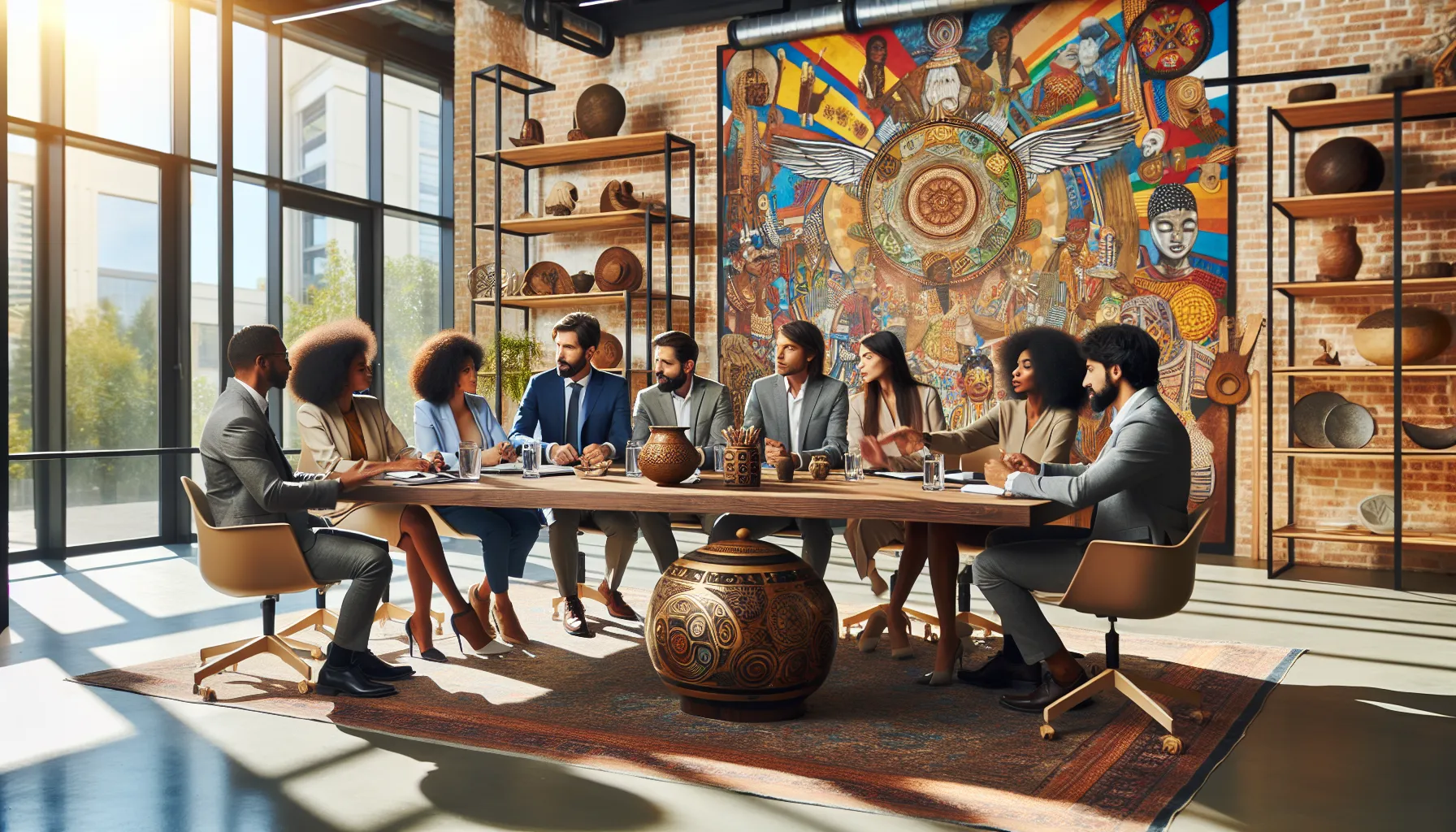 diverse professionals discussing cultural aspects of Сгыевум in a modern office.