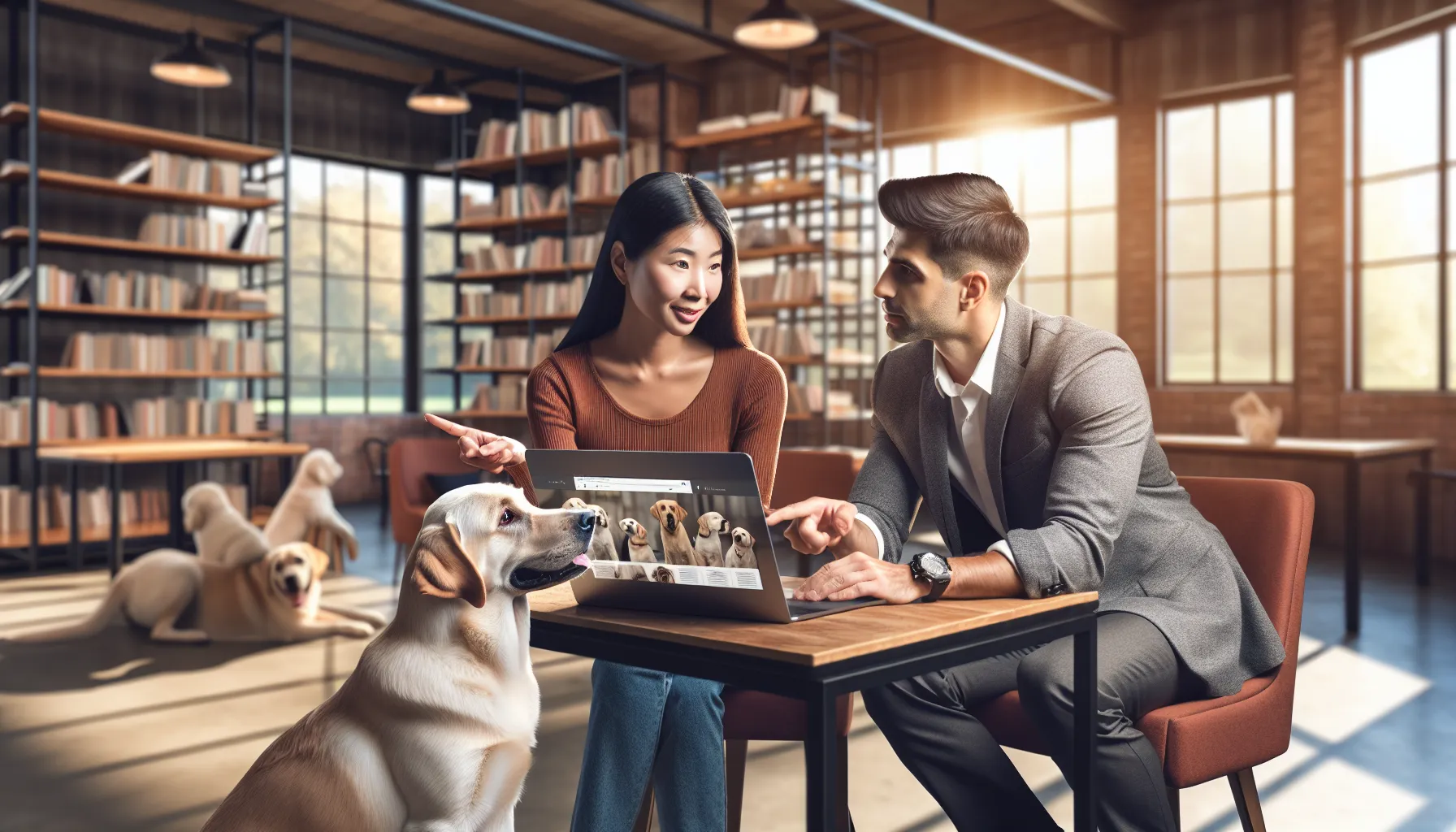 professionals discussing Labrador care resources in a modern office.